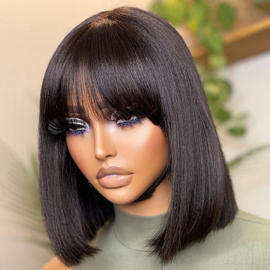 Points Plus Money | Put On and Go Realistic Glueless Yaki Straight Bob with Bangs Minimalist Lace Wig 100% Human Hair