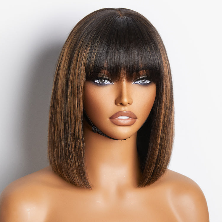 Points Plus Money | Put On and Go Realistic Glueless Yaki Straight Bob with Bangs Minimalist Lace Wig 100% Human Hair