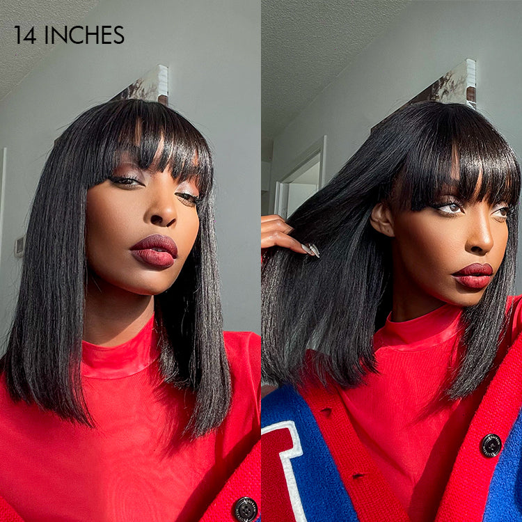 Points Plus Money | Put On and Go Realistic Glueless Yaki Straight Bob with Bangs Minimalist Lace Wig 100% Human Hair