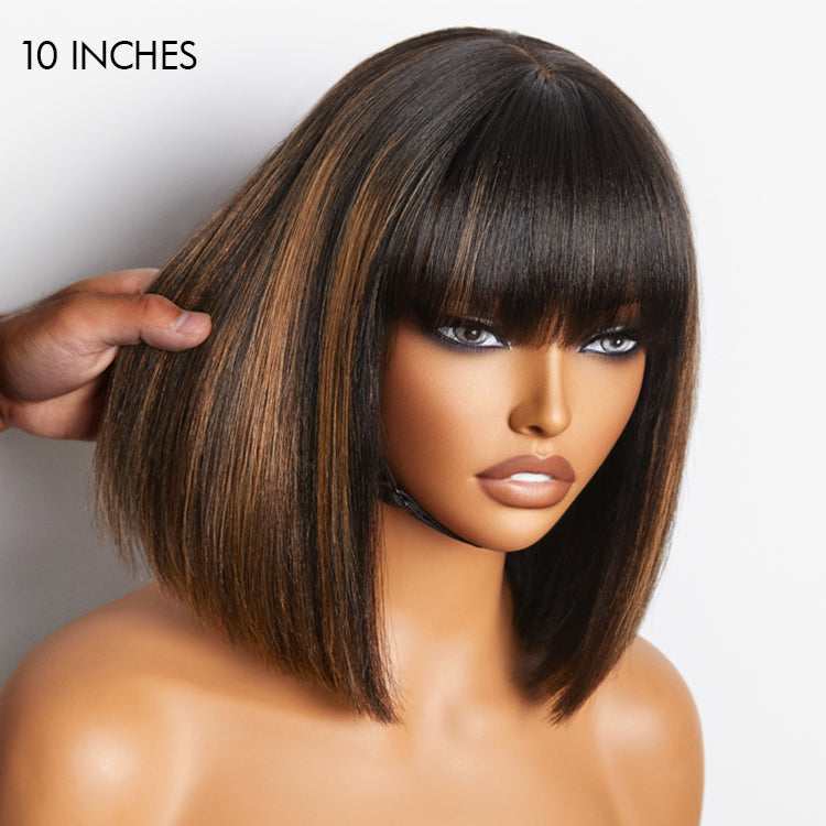 Points Plus Money | Put On and Go Realistic Glueless Yaki Straight Bob with Bangs Minimalist Lace Wig 100% Human Hair