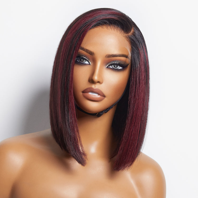 Points Plus Money | Dark Red Highlights Silky Blunt Cut C Part Glueless Minimalist Lace Bob Wig Beginner Friendly