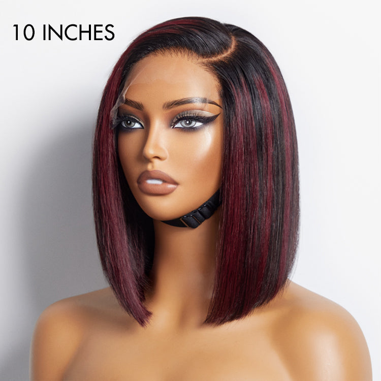 Points Plus Money | Dark Red Highlights Silky Blunt Cut C Part Glueless Minimalist Lace Bob Wig Beginner Friendly