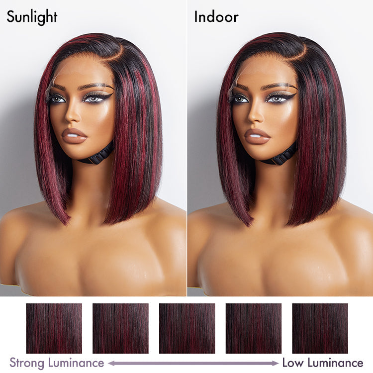 Points Plus Money | Dark Red Highlights Silky Blunt Cut C Part Glueless Minimalist Lace Bob Wig Beginner Friendly