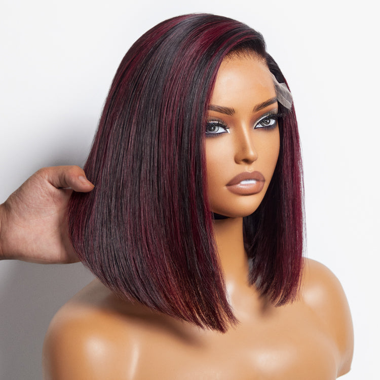 Points Plus Money | Dark Red Highlights Silky Blunt Cut C Part Glueless Minimalist Lace Bob Wig Beginner Friendly