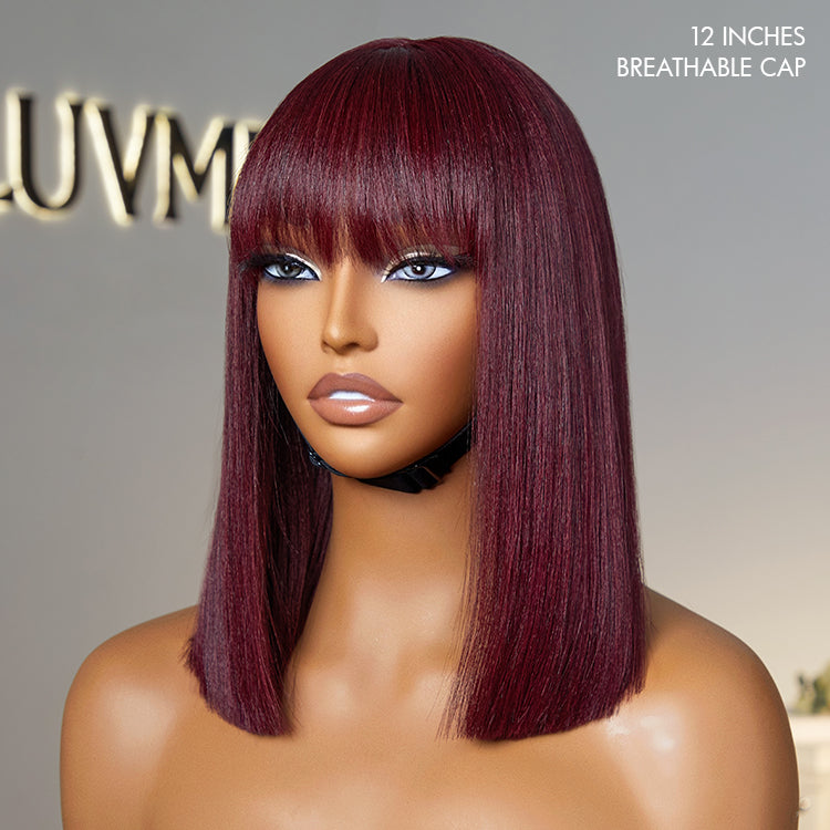 Points Plus Money | Put On and Go Realistic Glueless Yaki Straight Bob with Bangs Minimalist Lace Wig 100% Human Hair