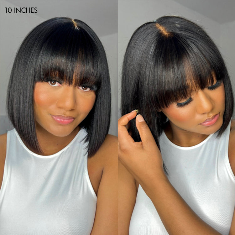 Points Plus Money | Put On and Go Realistic Glueless Yaki Straight Bob with Bangs Minimalist Lace Wig 100% Human Hair