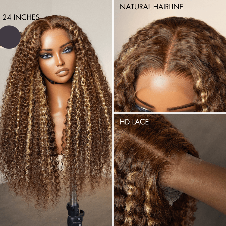 Exclusive Sale | 1 SEC INSTALL WIG | Honey Blonde Highlight Kinky Curly Glueless 5x5 Closure HD Lace Wig Breathable Cap