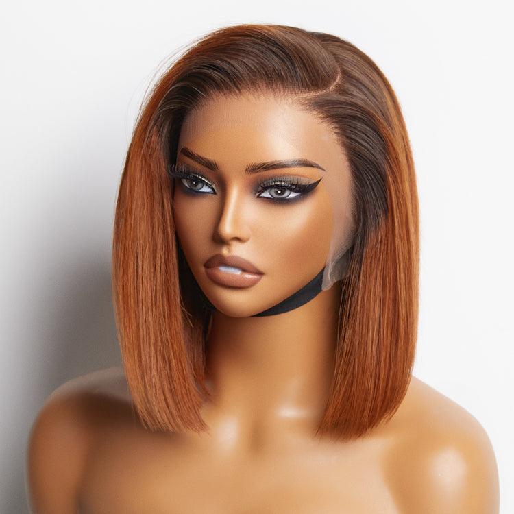 Exclusive Sale | Ginger Ombre Silky Blunt Cut Glueless 13x4 Lace Front Short Bob Wig 100% Human Hair