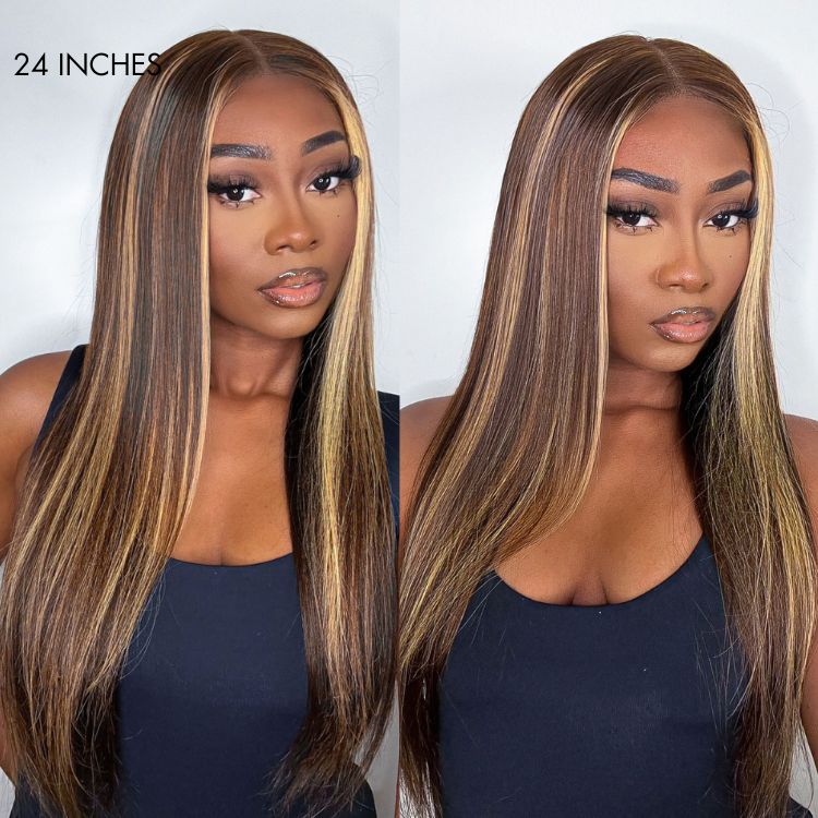 Exclusive Sale | Honey Blonde Highlight Silky Straight Glueless 5x5 Closure HD Transparent Lace Long Wig