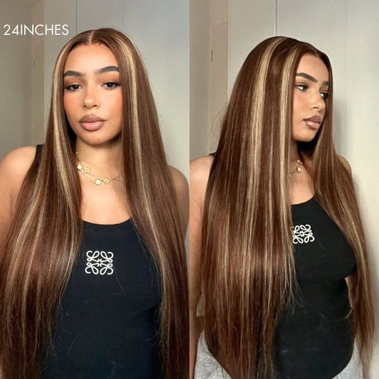 Exclusive Sale | Honey Blonde Highlight Silky Straight Glueless 5x5 Closure HD Transparent Lace Long Wig