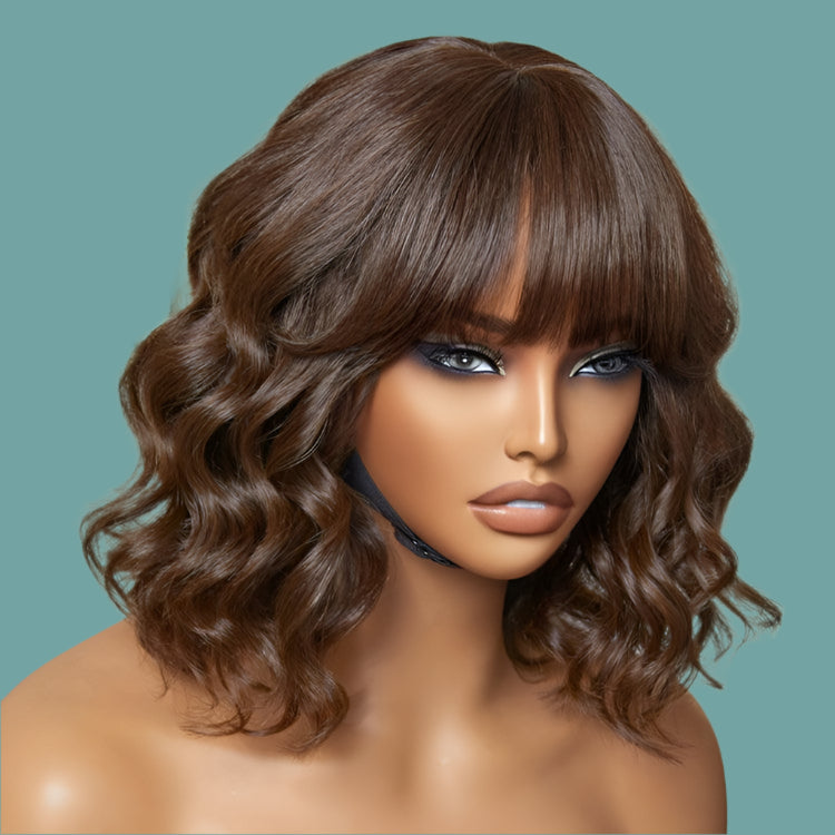 Exclusive Sale | Beginner Friendly Brown Loose Wave Glueless Minimalist Lace Shoulder Length Wavy Bob Wig with Bangs