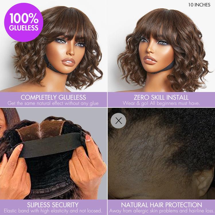 Exclusive Sale | Beginner Friendly Brown Loose Wave Glueless Minimalist Lace Shoulder Length Wavy Bob Wig with Bangs