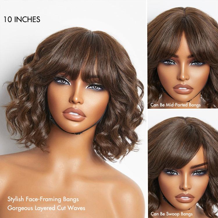 Exclusive Sale | Beginner Friendly Brown Loose Wave Glueless Minimalist Lace Shoulder Length Wavy Bob Wig with Bangs