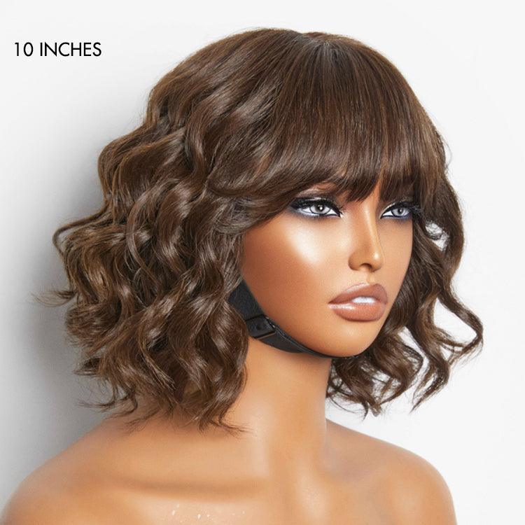 Exclusive Sale | Beginner Friendly Brown Loose Wave Glueless Minimalist Lace Shoulder Length Wavy Bob Wig with Bangs