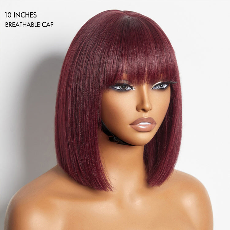 Points Plus Money | Put On and Go Realistic Glueless Yaki Straight Bob with Bangs Minimalist Lace Wig 100% Human Hair