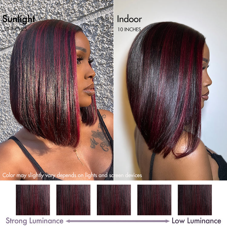 Points Plus Money | Dark Red Highlights Silky Blunt Cut C Part Glueless Minimalist Lace Bob Wig Beginner Friendly