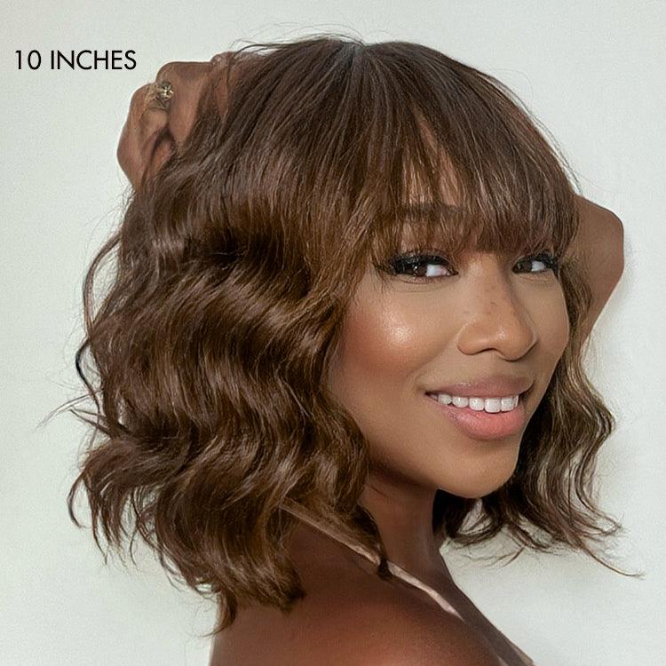 Exclusive Sale | Beginner Friendly Brown Loose Wave Glueless Minimalist Lace Shoulder Length Wavy Bob Wig with Bangs