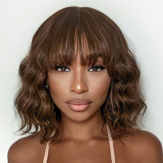 Exclusive Sale | Beginner Friendly Brown Loose Wave Glueless Minimalist Lace Shoulder Length Wavy Bob Wig with Bangs