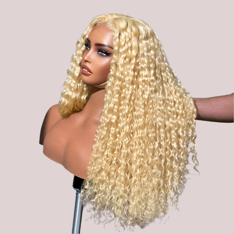 Exclusive Sale | Golden Blonde Water Wave Glueless 5x5 Closure Invisible HD Lace Long Blonde Curly Wig