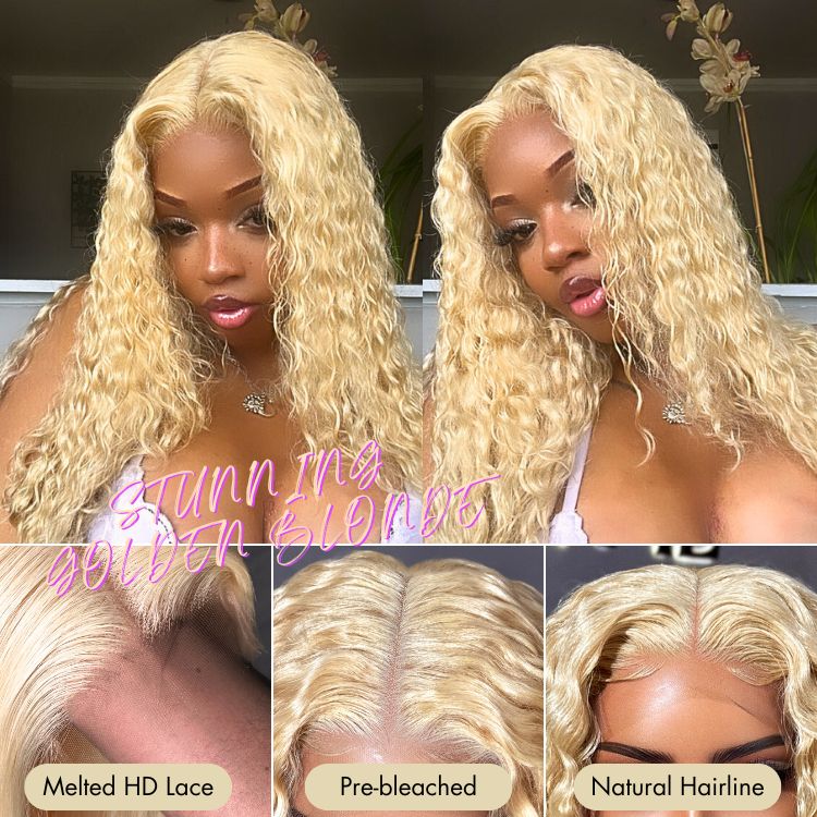 Exclusive Sale | Golden Blonde Water Wave Glueless 5x5 Closure Invisible HD Lace Long Blonde Curly Wig