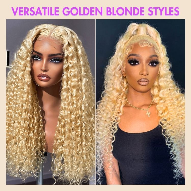 Exclusive Sale | Golden Blonde Water Wave Glueless 5x5 Closure Invisible HD Lace Long Blonde Curly Wig