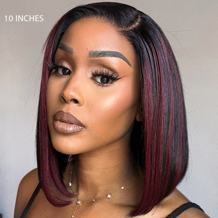 Points Plus Money | Dark Red Highlights Silky Blunt Cut C Part Glueless Minimalist Lace Bob Wig Beginner Friendly