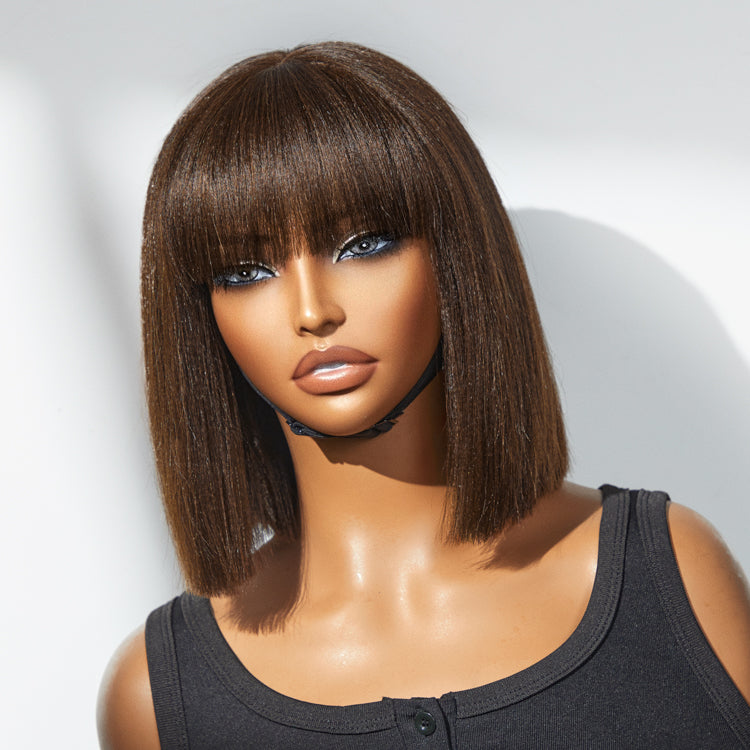 Points Plus Money | Put On and Go Realistic Glueless Yaki Straight Bob with Bangs Minimalist Lace Wig 100% Human Hair