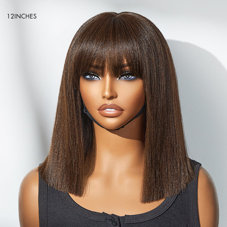 Points Plus Money | Put On and Go Realistic Glueless Yaki Straight Bob with Bangs Minimalist Lace Wig 100% Human Hair