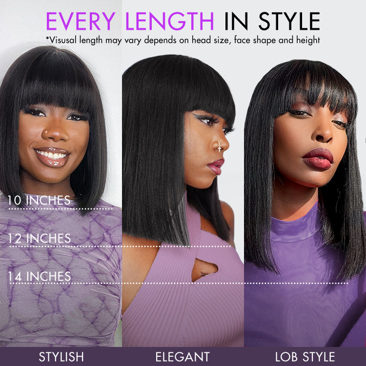 Points Plus Money | Put On and Go Realistic Glueless Yaki Straight Bob with Bangs Minimalist Lace Wig 100% Human Hair