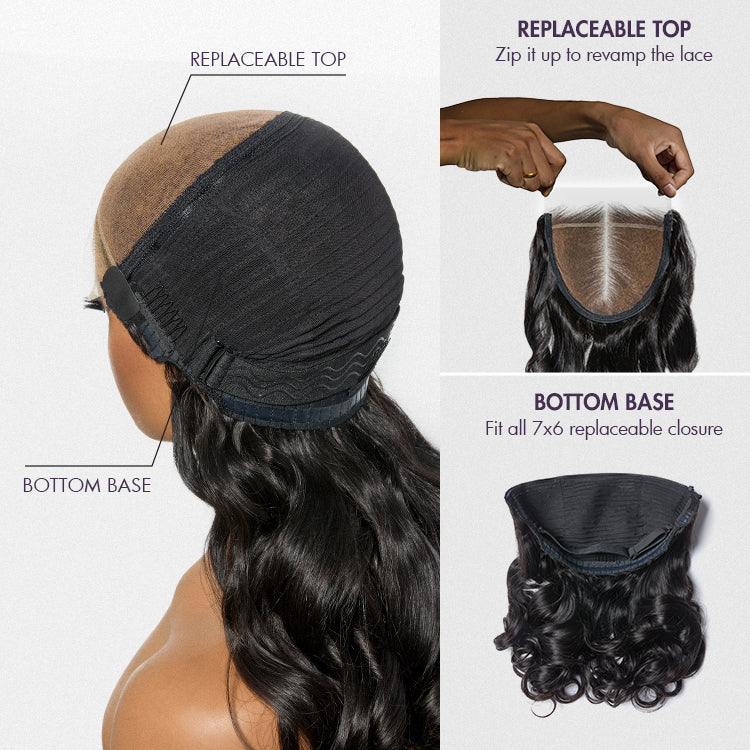 VIP Price | ZIP & GO WIGS | Natural Black Loose Body Wave Glueless 7x6 Closure HD Lace Wig Buy 1 Get 1 Free Replaceable Top