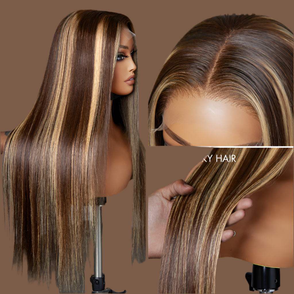 Exclusive Sale | Honey Blonde Highlight Silky Straight Glueless 5x5 Closure HD Transparent Lace Long Wig